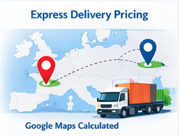Rota de entrega express num mapa da Europa com camião de carga e preço de transporte calculado pelo Google Maps